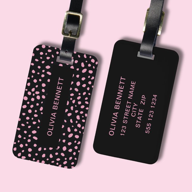 Moderne Punkte Schwarz Rosa Gepäckanhänger (Modern & stylish luggage tag perfect travel accessories  Black with scattered pink dots. Customize!)