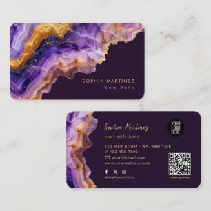 Moderne Purpur-Achat-Goldmarmor- & QR-Code-Logo Visitenkarte