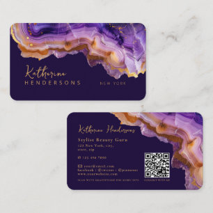 Moderne QR-Code aus Purpur-Achat und gold glänzend Visitenkarte