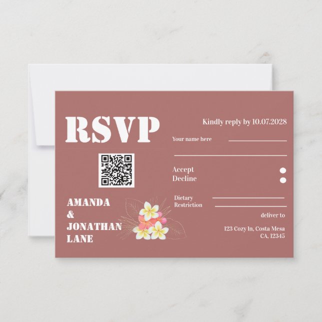 Moderne QR Code Floral Terracotta Wedding RSVP Car Karte (Vorderseite)