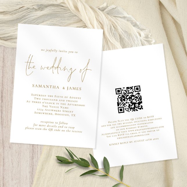 Moderne QR Code Gold White Wedding Einladung (Front and back view. Available digitally or printed. Part of a matching wedding collection.)