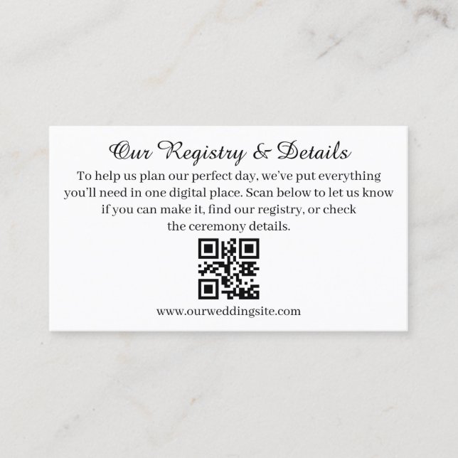 Moderne QR-Code-Hochzeitsregistrierungs- und RSVP- Begleitkarte (Vorderseite)