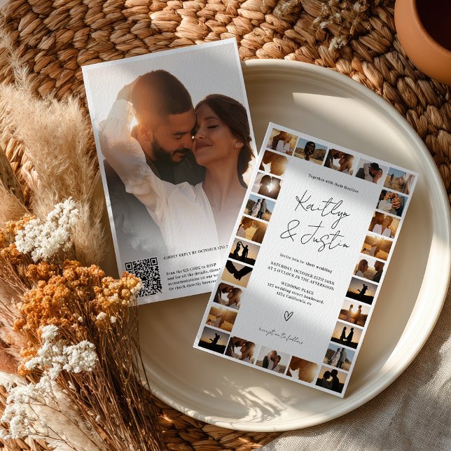 Moderne Qr Code Minimal 29 Foto Grid Wedding Einladung (Modern Qr code Minimal 29 Photo Grid Wedding Invitation)