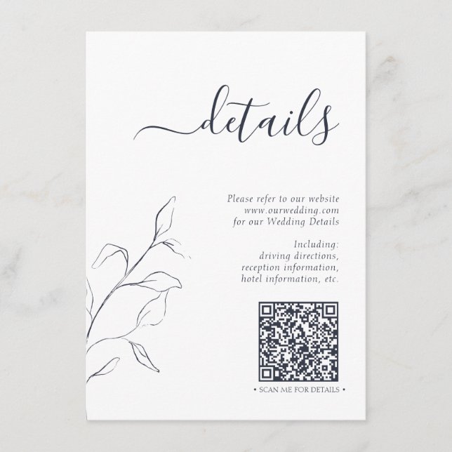 Moderne QR Code Navy Blue Wedding Details Begleitkarte (Vorderseite)