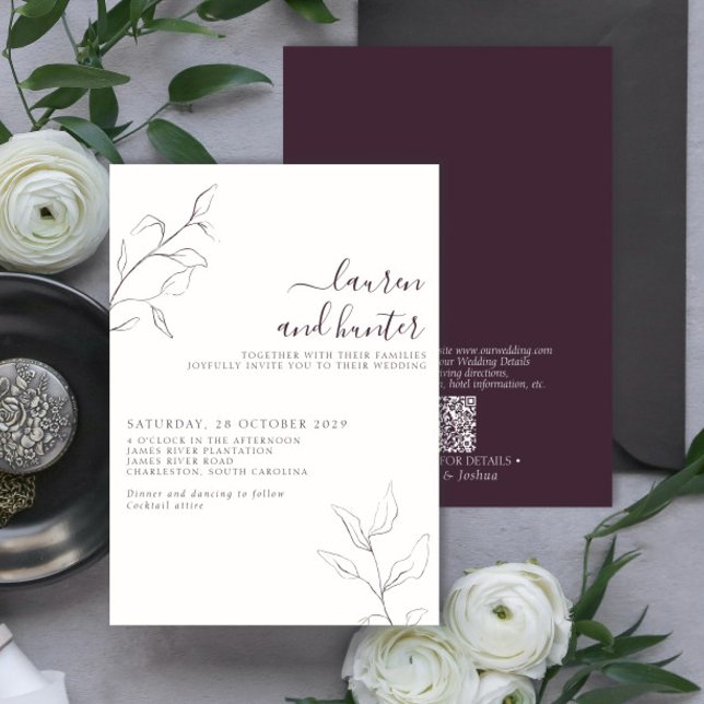 Moderne QR Code Plum Lila botanische Hochzeit Einladung (Von Creator hochgeladen)