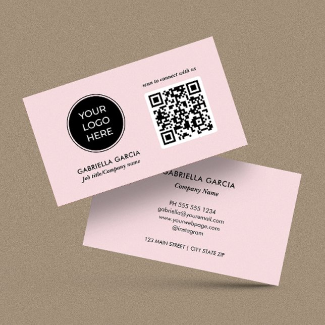 Moderne QR-Code-Rosé-Logo Visitenkarte (Card shown in 3.5 x 2 inches. Choose size, paper and corner style.)