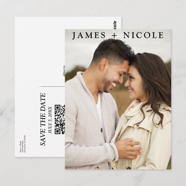 Moderne QR Code Scannable Wedding Save the Date Postkarte (Vorne/Hinten)