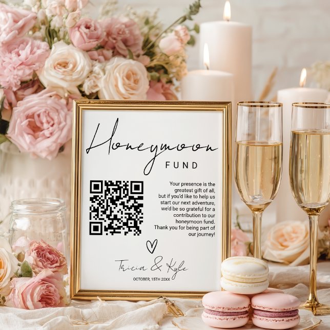 Moderne QR-Code Schwarz-weiß Honeymoon Fund Weddin Poster (Modern QR code Black white Honeymoon Fund Wedding Poster)