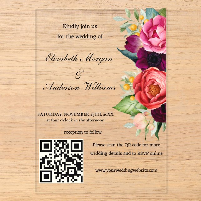Moderne QR-Hochzeit Acryleinladungen (Vorderseite)
