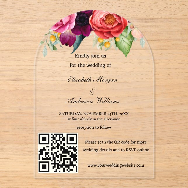 Moderne QR-Hochzeit Acryleinladungen (Vorderseite)