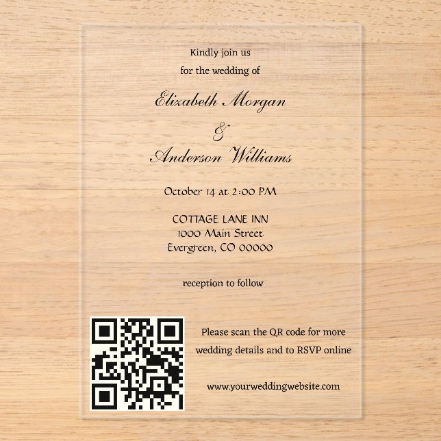 Moderne QR-Hochzeit Acryleinladungen (Vorderseite)