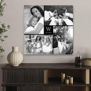 Moderne quadratische Familienmonogramm-Fotocollage Leinwanddruck