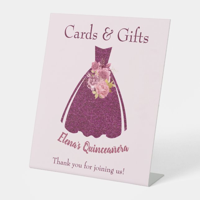 Moderne Quinceañera Glitzer Gown Geschenke Tafelze Sockelschild (Vorderseite)
