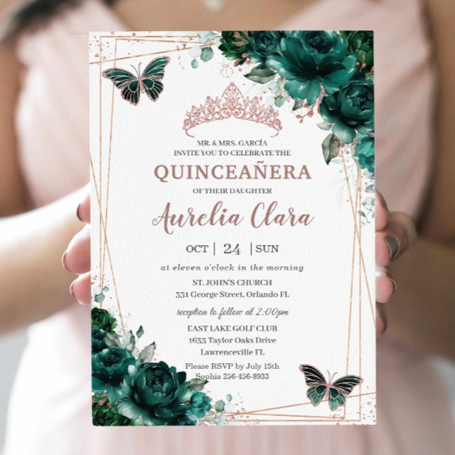 Moderne Quinceñera Emerald Green Rose Gold Einladung (Von Creator hochgeladen)