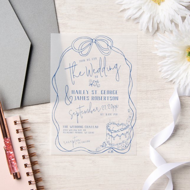 Moderne Quirky Hand Drawn Bow BLAUE Retro Hochzeit (Hochzeit)