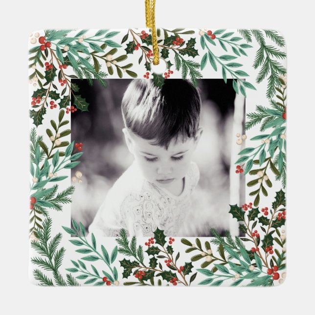 Moderne Rahmen botanische Blumenweihnachtszeit Zwe Keramikornament (Vorderseite)