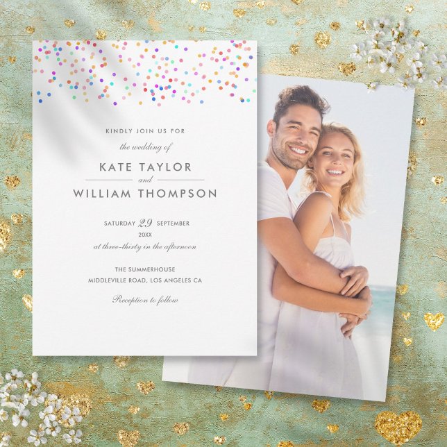Moderne Rainbow Confetti Foto Wedding Einladung (Modern Rainbow Confetti Photo Wedding Invitation)