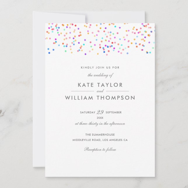 Moderne Rainbow Confetti Wedding Einladung (Vorderseite)