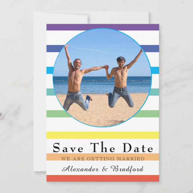 Moderne Rainbow Stripe Gay Wedding rettet das Datu Ankündigung (Vorderseite)