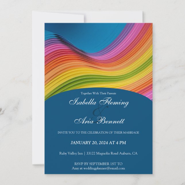 Moderne Rainbow Wave Wedding Einladung (Vorderseite)