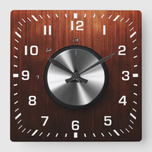 Moderne realistische glänzende Stahl- und Holztext Quadratische Wanduhr