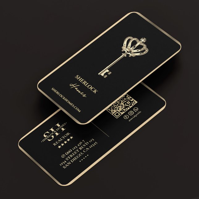 Moderne Realtor Key Imitats Crown Gold Trimm Hypot Visitenkarte (Modern Realtor Key Crown Gold Trim Mortgage Business Card
)