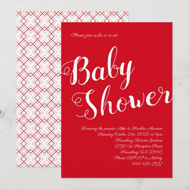 Moderne Red Baby Shower Co-Ed Gender Neutral Einladung (Vorne/Hinten)