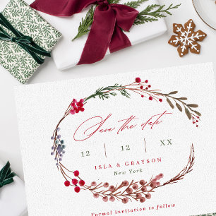 Moderne Red Berries & Script Winter Wedding Save The Date