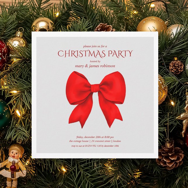 Moderne Red Bow Weihnachtsfeier Einladung (Modern Red Bow Christmas Holiday Party Invitation)