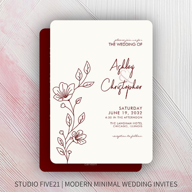 Moderne Red Foliage Kontur All-in-One Hochzeit Einladung (Von Creator hochgeladen)