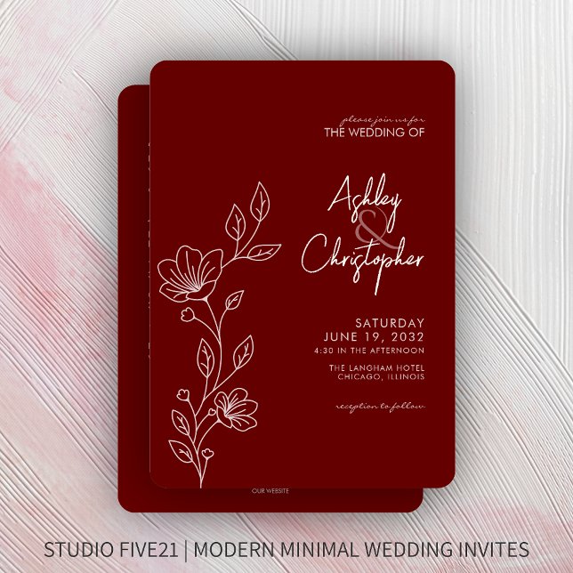 Moderne Red Foliage Kontur All-in-One Hochzeit Einladung (Von Creator hochgeladen)