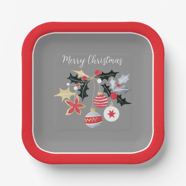 Moderne Red Gold & Silver Weihnachtsschmuck Grau Pappteller (Vorderseite)