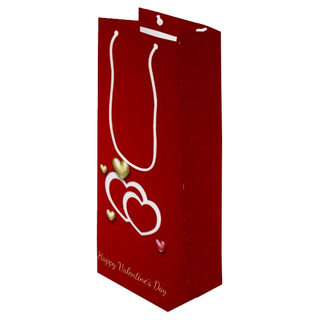 Moderne Red Gold Valentine Hearts Geschenktüte Für Weinflaschen (Vorderseite Schrägansicht)