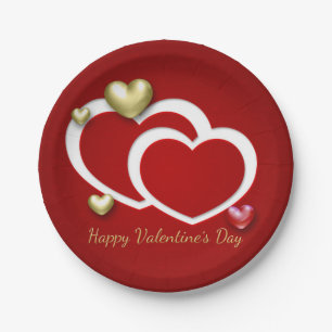 Moderne Red Gold Valentine Hearts Pappteller