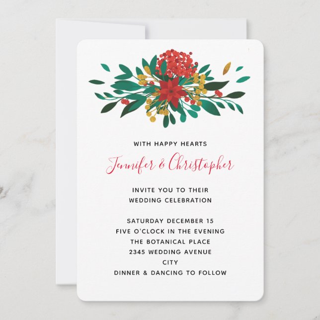 Moderne Red Green & Gold Weihnachtsbouquet Wedding Einladung (Vorderseite)