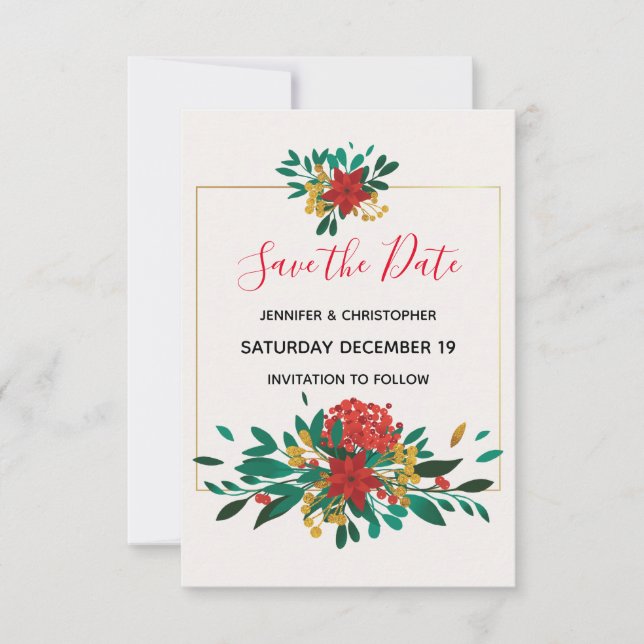 Moderne Red Green & Gold Weihnachtsbouquet Wedding Save The Date (Vorderseite)
