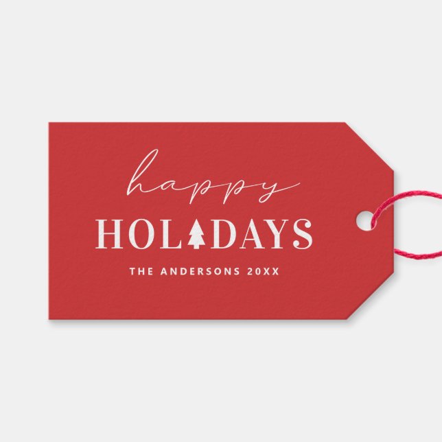 Moderne Red Happy Holidays | Minimalistische Weihn Geschenkanhänger (Vorderseite (Horizontal))