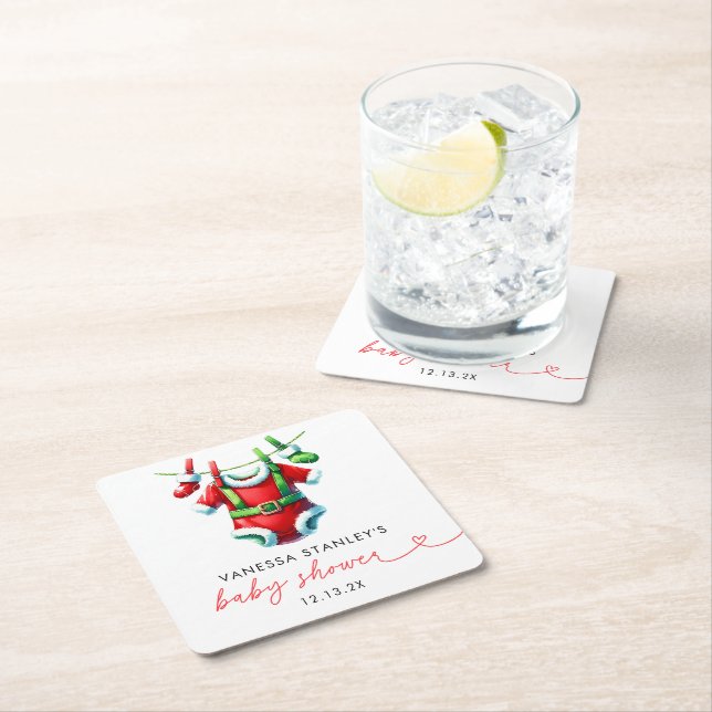 Moderne Red Holly Weihnachtsdusche Rechteckiger Pappuntersetzer (Vor Ort)