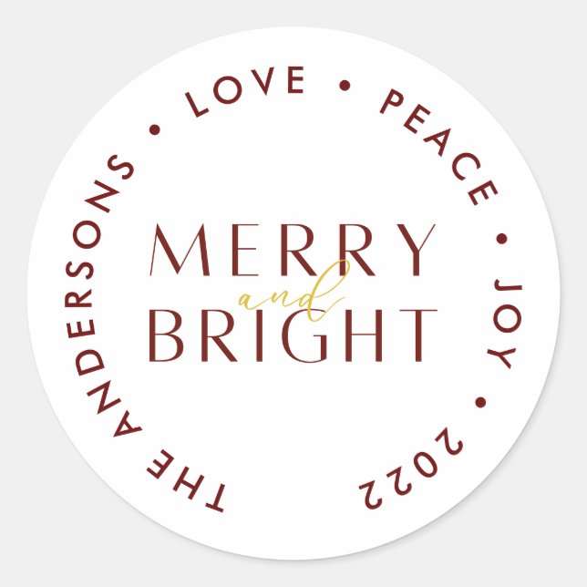 Moderne Red Merry and Bright Christmas Family Runder Aufkleber (Vorderseite)