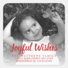 Moderne Red Rustic Joyful Wishs Foto Address Quadratischer Aufkleber