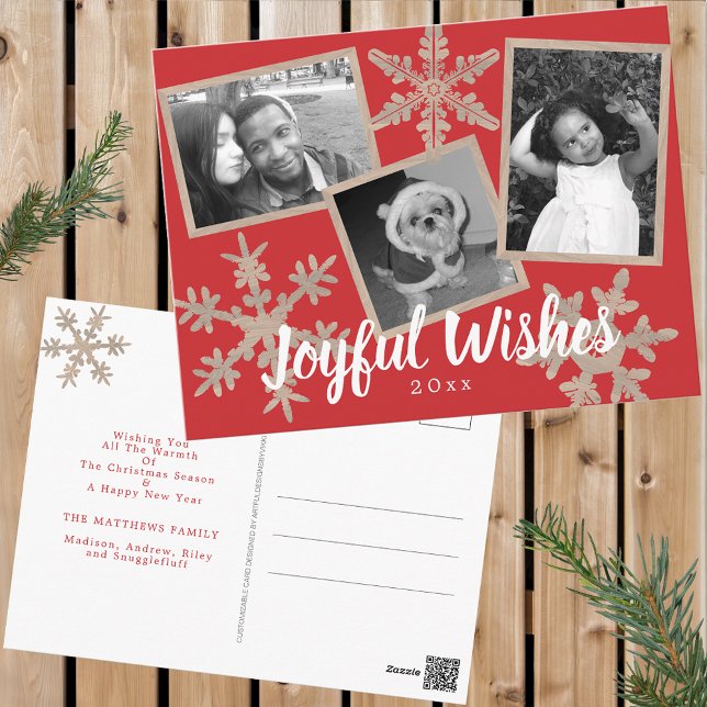 Moderne Red Rustic Snowflake Collage 3 Foto Postkarte (Customize these holiday postcards with 3 of your favorite photos and a personalized greeting.)