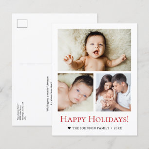Moderne Red Schwarz-weiß 3-Foto-Ferienfamilie Postkarte