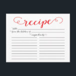 Moderne Red Script Brautparty Rezept Cards Postkarte<br><div class="desc">Zeitgenössische Brautparty Küche Rezept Karten mit einem stilvollen roten Typografie-Script Schriftart Set auf einem knackigen weißen Hintergrund. Die Vorderseite unserer Rezeptkarte bietet Platz für einen Rezeptitel, von der Küche der Zutaten Platz. Dreh unsere Rezeptkarte um die Anfahrtszeiten, die Vorbereitungszeit und die Gesamtzeit anzuzeigen. Besuchen Sie unseren Shop für passende Brautduscheinladungen....</div>