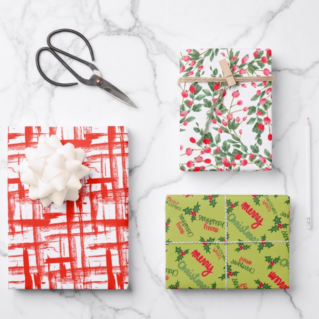 Moderne Red Weave frohe Weihnachtsberries Geschenkpapier Set (Vorderseite)