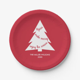 Moderne Red White Christmas Tree Name Holiday Part Pappteller