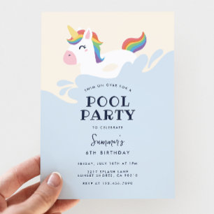 Moderne Regenbogen Einhorn Sommer Poolparty Geburt Einladung