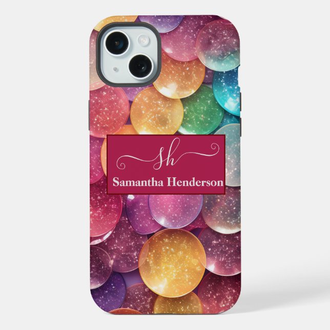 Moderne Regenbogen Glitter Monogramm Chic Custom iPhone 15 Plus Hülle (Rückseite)