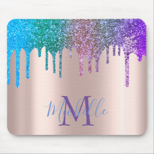 Moderne Regenbogen Glitter Tropfen Roségold Monogr Mousepad