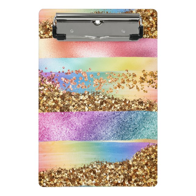 Moderne Regenbogen-Glitzer-Goldrahmen-Kinder bunt Mini Klemmbrett (Vorderseite)