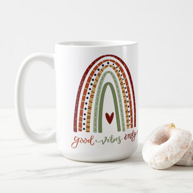 Moderne Regenbogen Gute Vibes nur Inspiritivität Kaffeetasse (Mit Donut)